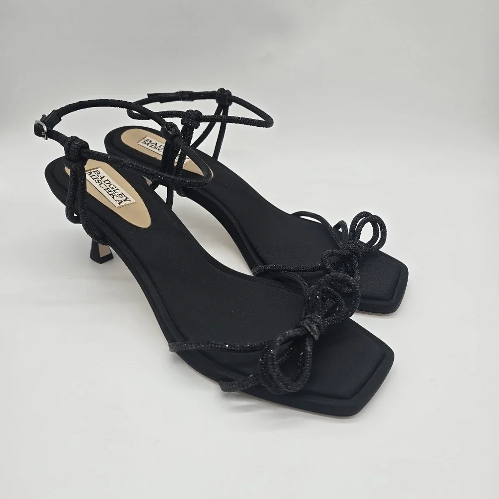 Badgley Mischka Crystal Bow Kitten Heel Sandals Black 10